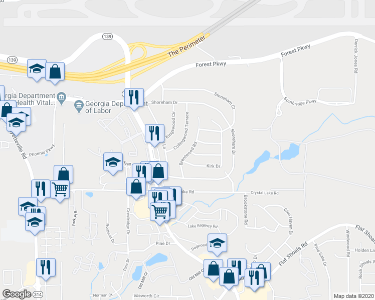 map of restaurants, bars, coffee shops, grocery stores, and more near 5302 Brentwood Road in Atlanta