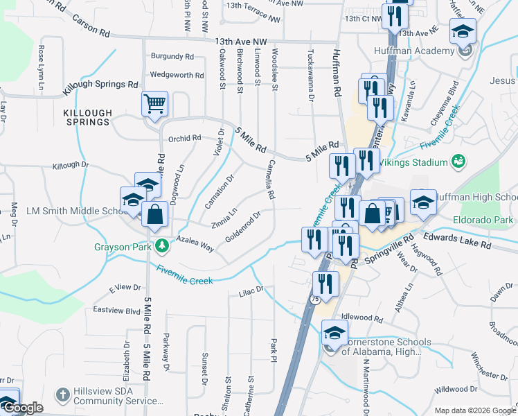 map of restaurants, bars, coffee shops, grocery stores, and more near 540 Goldenrod Drive in Birmingham