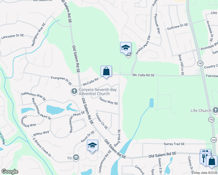 map of restaurants, bars, coffee shops, grocery stores, and more near 3418 Williams Place Southeast in Conyers