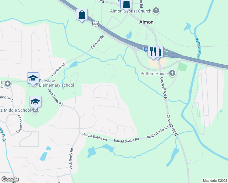 map of restaurants, bars, coffee shops, grocery stores, and more near 75 Streamside Drive in Covington