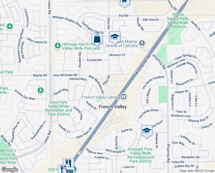 map of restaurants, bars, coffee shops, grocery stores, and more near Lolite Drive in French Valley