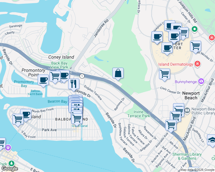 map of restaurants, bars, coffee shops, grocery stores, and more near 1412 Santanella Terrace in Newport Beach