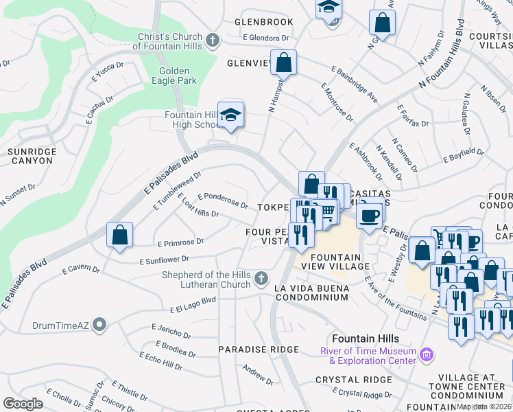 map of restaurants, bars, coffee shops, grocery stores, and more near 13725 North Mountainside Drive in Fountain Hills
