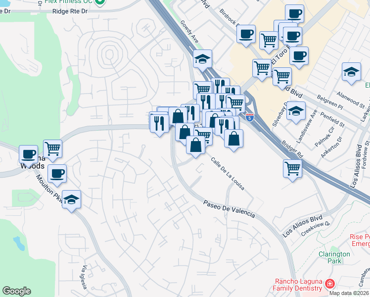 map of restaurants, bars, coffee shops, grocery stores, and more near 23521 Paseo De Valencia in Laguna Hills