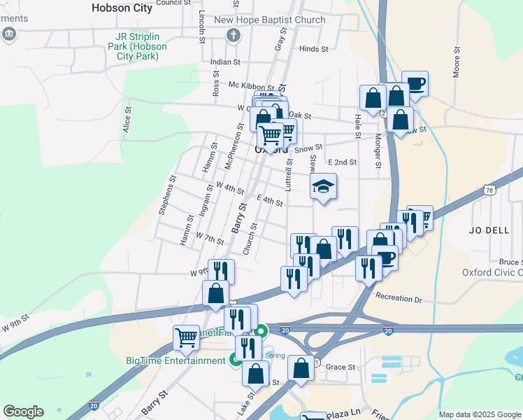map of restaurants, bars, coffee shops, grocery stores, and more near 911 Church Street in Oxford