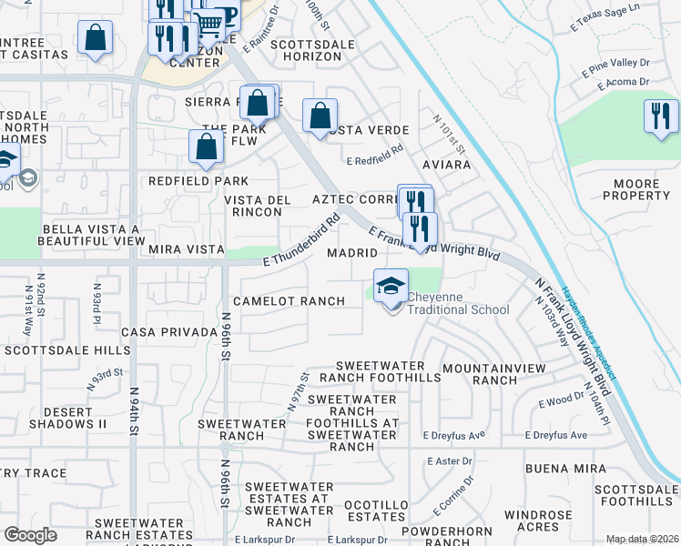 map of restaurants, bars, coffee shops, grocery stores, and more near 9841 East Sharon Drive in Scottsdale