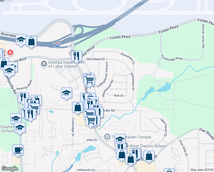 map of restaurants, bars, coffee shops, grocery stores, and more near 5302 Brentwood Road in Atlanta