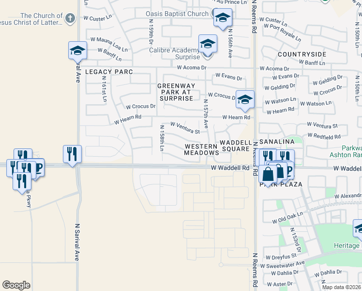 map of restaurants, bars, coffee shops, grocery stores, and more near 15808 West Calavar Road in Surprise