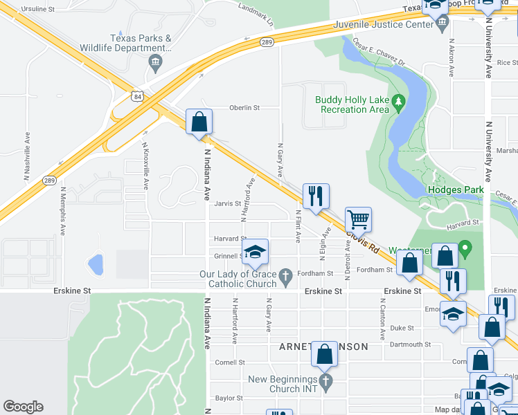 map of restaurants, bars, coffee shops, grocery stores, and more near 3119 Jarvis Street in Lubbock