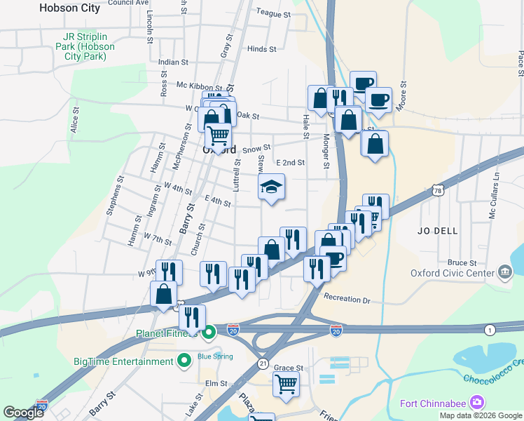 map of restaurants, bars, coffee shops, grocery stores, and more near 915 Stewart Street in Oxford