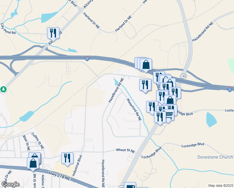 map of restaurants, bars, coffee shops, grocery stores, and more near 10143 Settlers Grove Road Northeast in Covington
