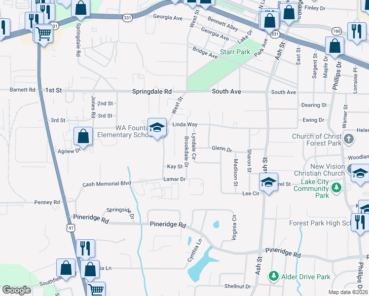 map of restaurants, bars, coffee shops, grocery stores, and more near 5261 Brookdale Drive in Forest Park