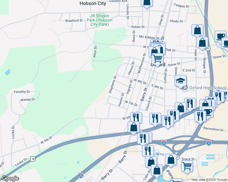 map of restaurants, bars, coffee shops, grocery stores, and more near 1100 Hamm Street in Oxford