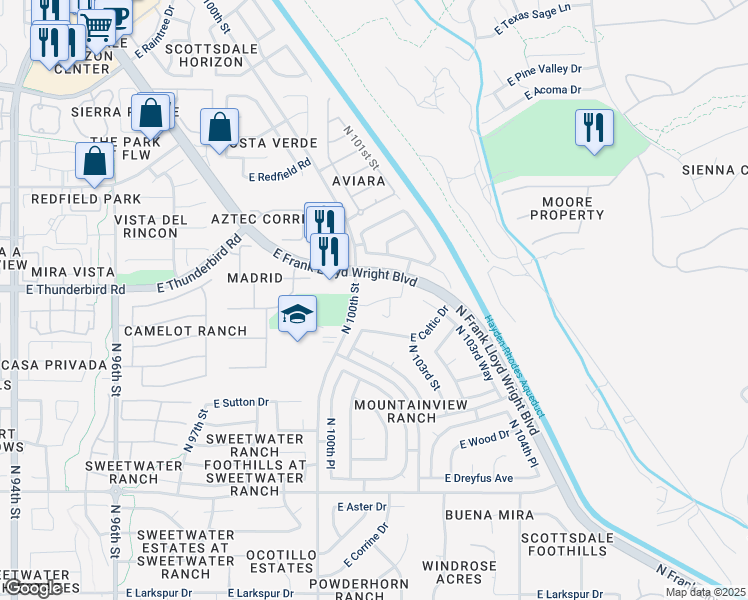 map of restaurants, bars, coffee shops, grocery stores, and more near 13850 North Frank Lloyd Wright Boulevard in Scottsdale