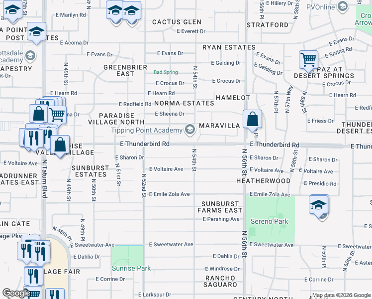 map of restaurants, bars, coffee shops, grocery stores, and more near 5326 East Voltaire Avenue in Scottsdale