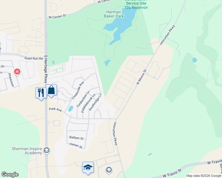 map of restaurants, bars, coffee shops, grocery stores, and more near 1701 Southridge Lane in Sherman