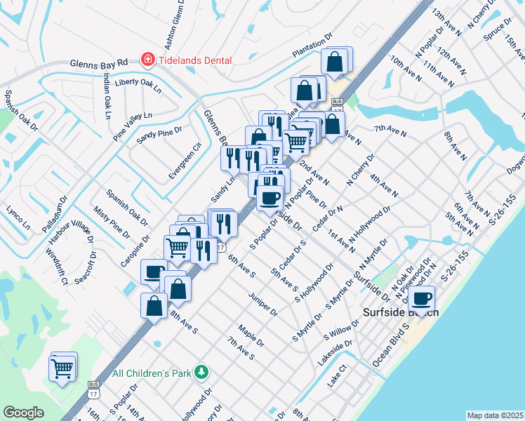 map of restaurants, bars, coffee shops, grocery stores, and more near 810 3rd Avenue South in Surfside Beach