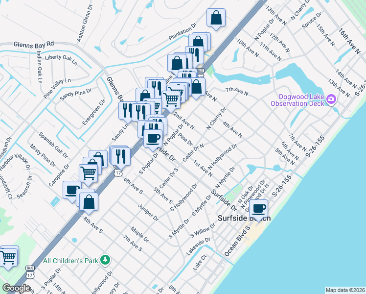 map of restaurants, bars, coffee shops, grocery stores, and more near 13B Cedar Drive North in Surfside Beach