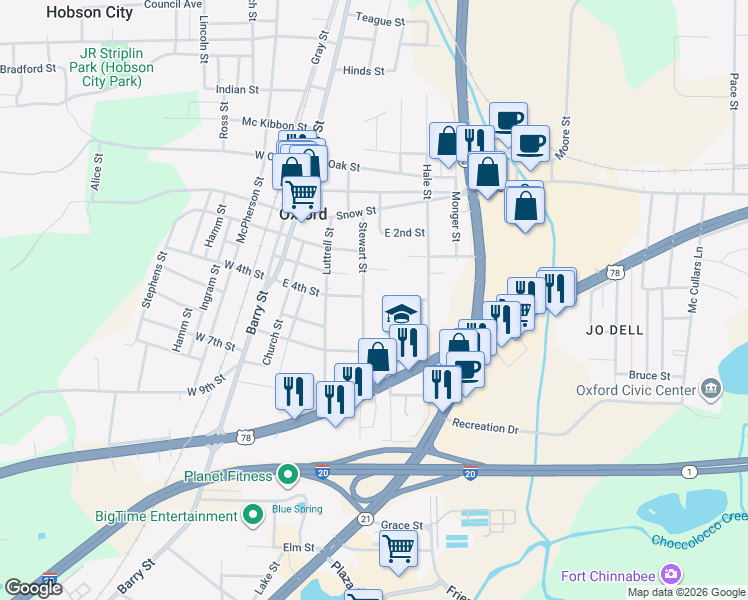 map of restaurants, bars, coffee shops, grocery stores, and more near 915 Stewart Street in Oxford