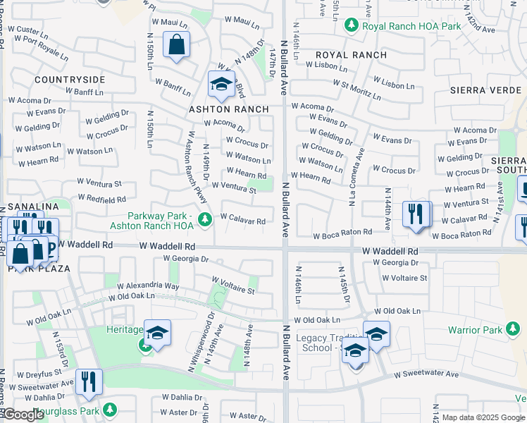 map of restaurants, bars, coffee shops, grocery stores, and more near 14727 West Redfield Road in Surprise