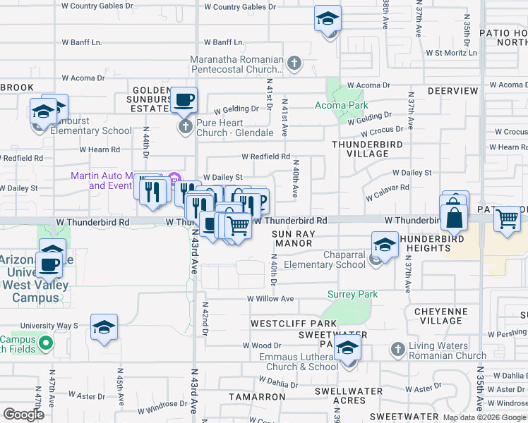 map of restaurants, bars, coffee shops, grocery stores, and more near 4123 West Thunderbird Road in Phoenix