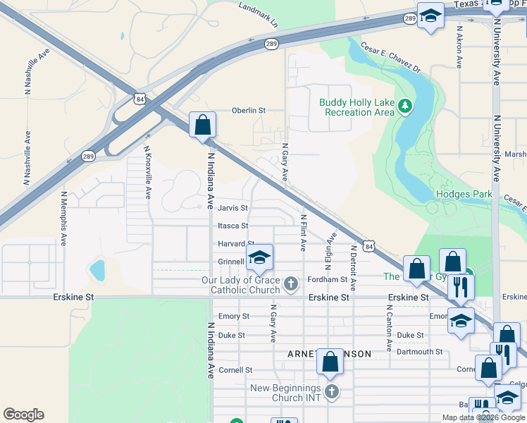 map of restaurants, bars, coffee shops, grocery stores, and more near 3208 Itasca Street in Lubbock