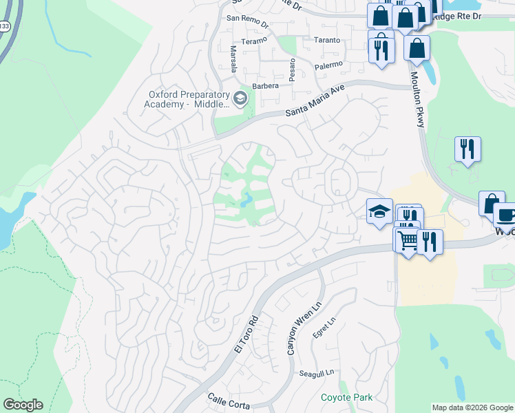 map of restaurants, bars, coffee shops, grocery stores, and more near 5519 Paseo Del Lago East in Laguna Woods