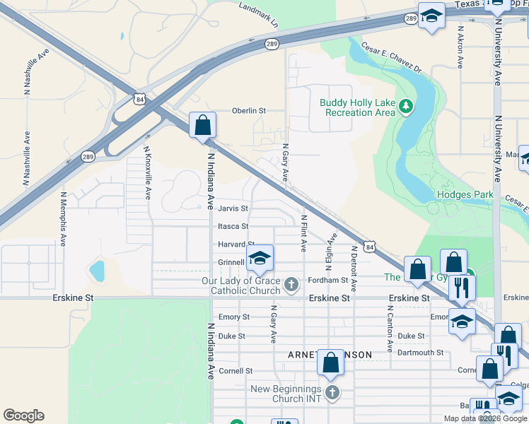 map of restaurants, bars, coffee shops, grocery stores, and more near 3208 Itasca Street in Lubbock