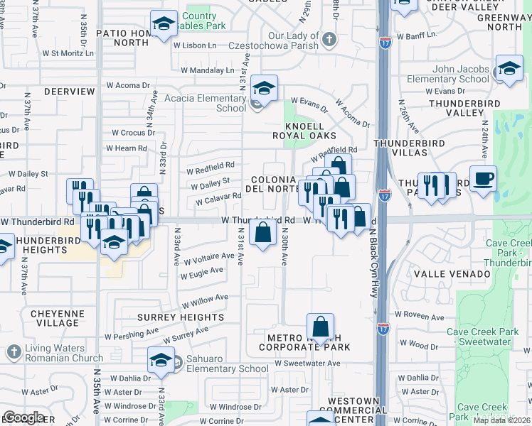 map of restaurants, bars, coffee shops, grocery stores, and more near West Thunderbird Road in Phoenix