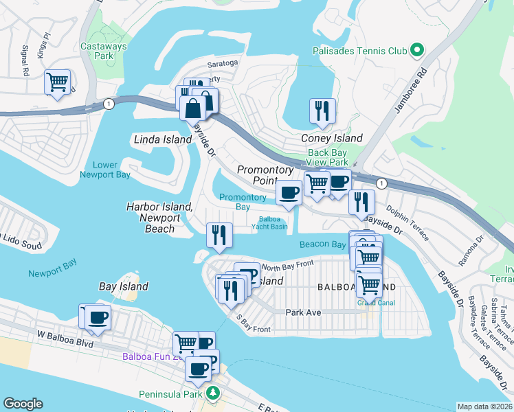 map of restaurants, bars, coffee shops, grocery stores, and more near 66 Beacon Bay in Newport Beach