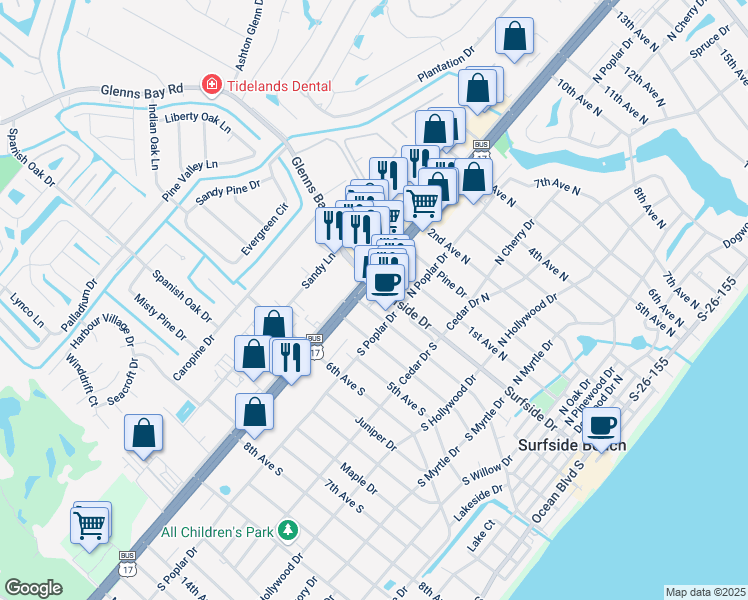 map of restaurants, bars, coffee shops, grocery stores, and more near 810 3rd Avenue South in Surfside Beach