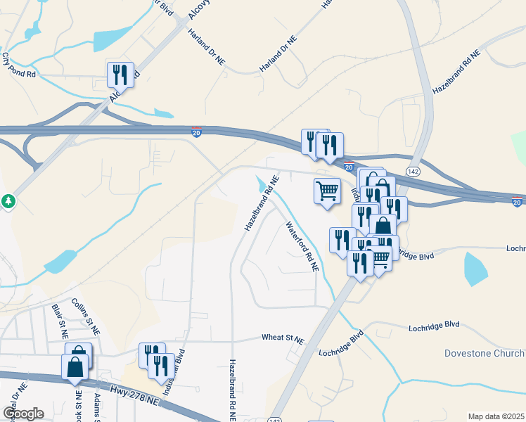 map of restaurants, bars, coffee shops, grocery stores, and more near 10143 Settlers Grove Road Northeast in Covington