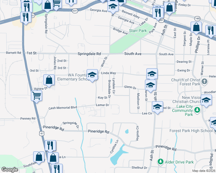 map of restaurants, bars, coffee shops, grocery stores, and more near 5261 Brookdale Drive in Forest Park