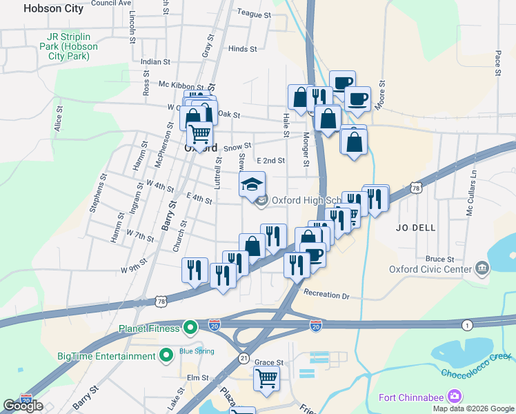 map of restaurants, bars, coffee shops, grocery stores, and more near 1 Yellow Jacket Drive in Oxford