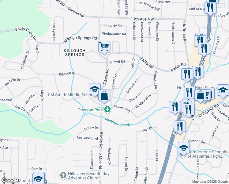 map of restaurants, bars, coffee shops, grocery stores, and more near 437 Zinnia Lane in Birmingham
