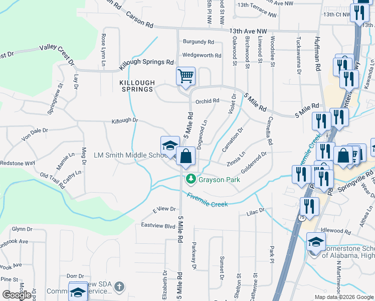 map of restaurants, bars, coffee shops, grocery stores, and more near 1117 5 Mile Road in Birmingham