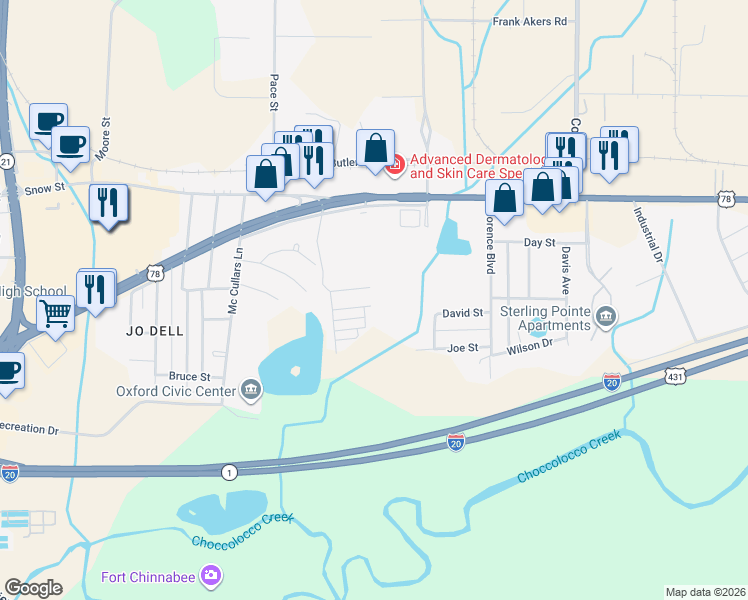 map of restaurants, bars, coffee shops, grocery stores, and more near 418 Village Place in Oxford