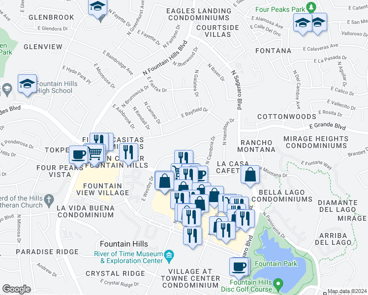 map of restaurants, bars, coffee shops, grocery stores, and more near 16706 East Westby Drive in Fountain Hills