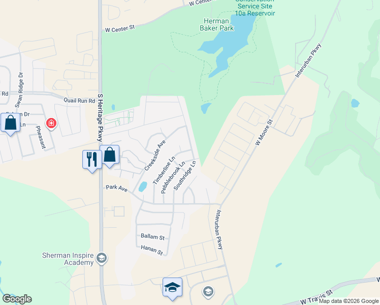 map of restaurants, bars, coffee shops, grocery stores, and more near 1701 Pebblebrook Lane in Sherman