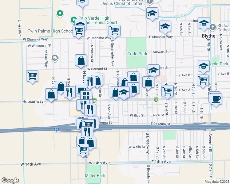 map of restaurants, bars, coffee shops, grocery stores, and more near 423 West Hobsonway in Blythe