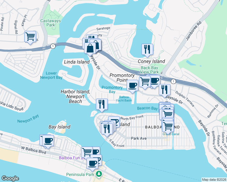 map of restaurants, bars, coffee shops, grocery stores, and more near 712 Harbor Island Drive in Newport Beach