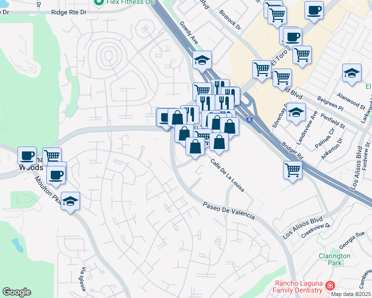 map of restaurants, bars, coffee shops, grocery stores, and more near in Laguna Hills