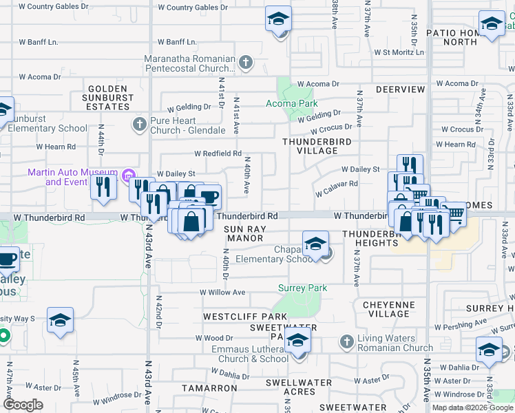 map of restaurants, bars, coffee shops, grocery stores, and more near 3945 West Thunderbird Road in Phoenix