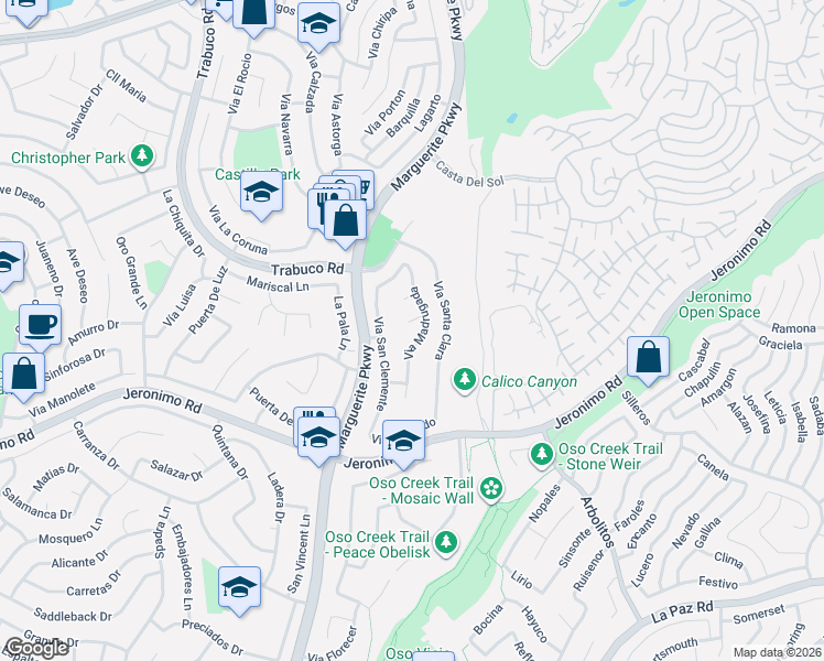 map of restaurants, bars, coffee shops, grocery stores, and more near 24271 Vía Madrugada in Mission Viejo