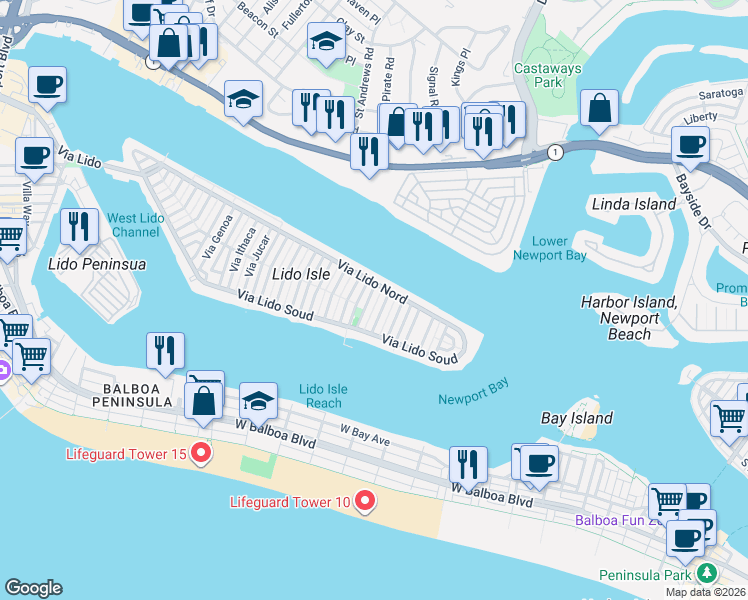 map of restaurants, bars, coffee shops, grocery stores, and more near 116 Via Undine in Newport Beach