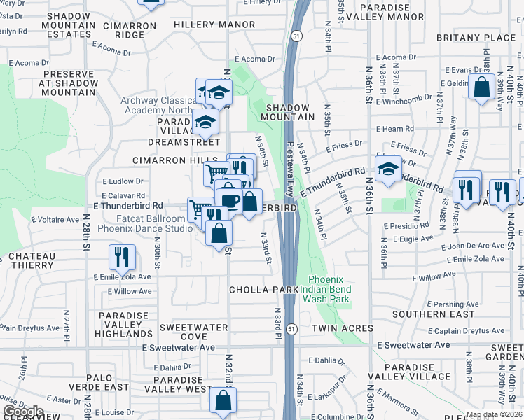 map of restaurants, bars, coffee shops, grocery stores, and more near 3301 East Sharon Drive in Phoenix