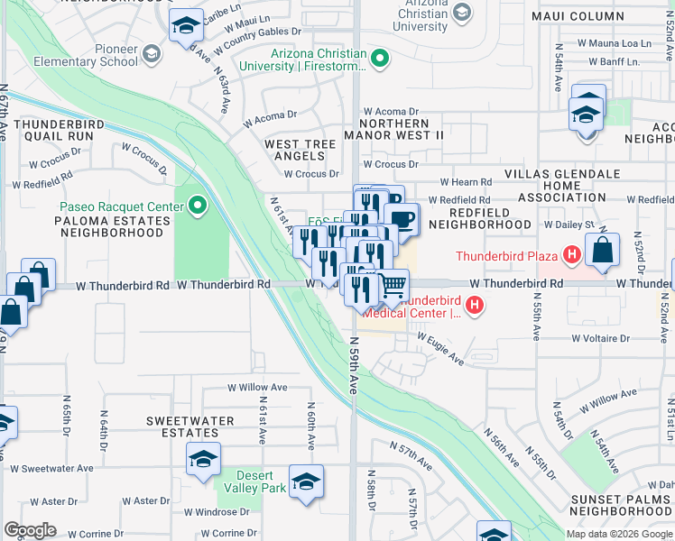map of restaurants, bars, coffee shops, grocery stores, and more near 5908 West Thunderbird Road in Glendale