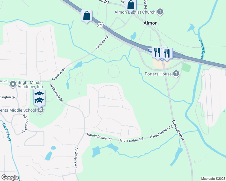map of restaurants, bars, coffee shops, grocery stores, and more near 45 Peaceful Path Court in Covington