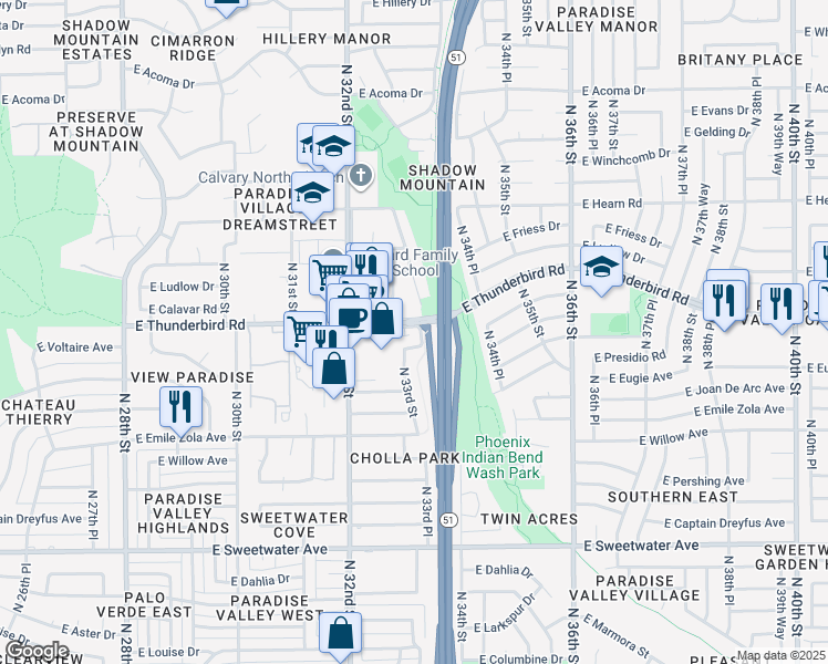 map of restaurants, bars, coffee shops, grocery stores, and more near 3314 East Thunderbird Road in Phoenix