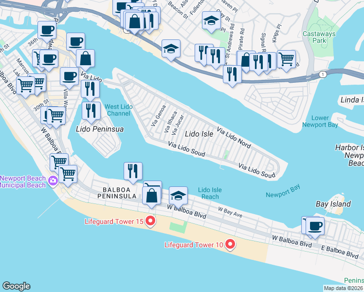 map of restaurants, bars, coffee shops, grocery stores, and more near 124 Via Lorca in Newport Beach